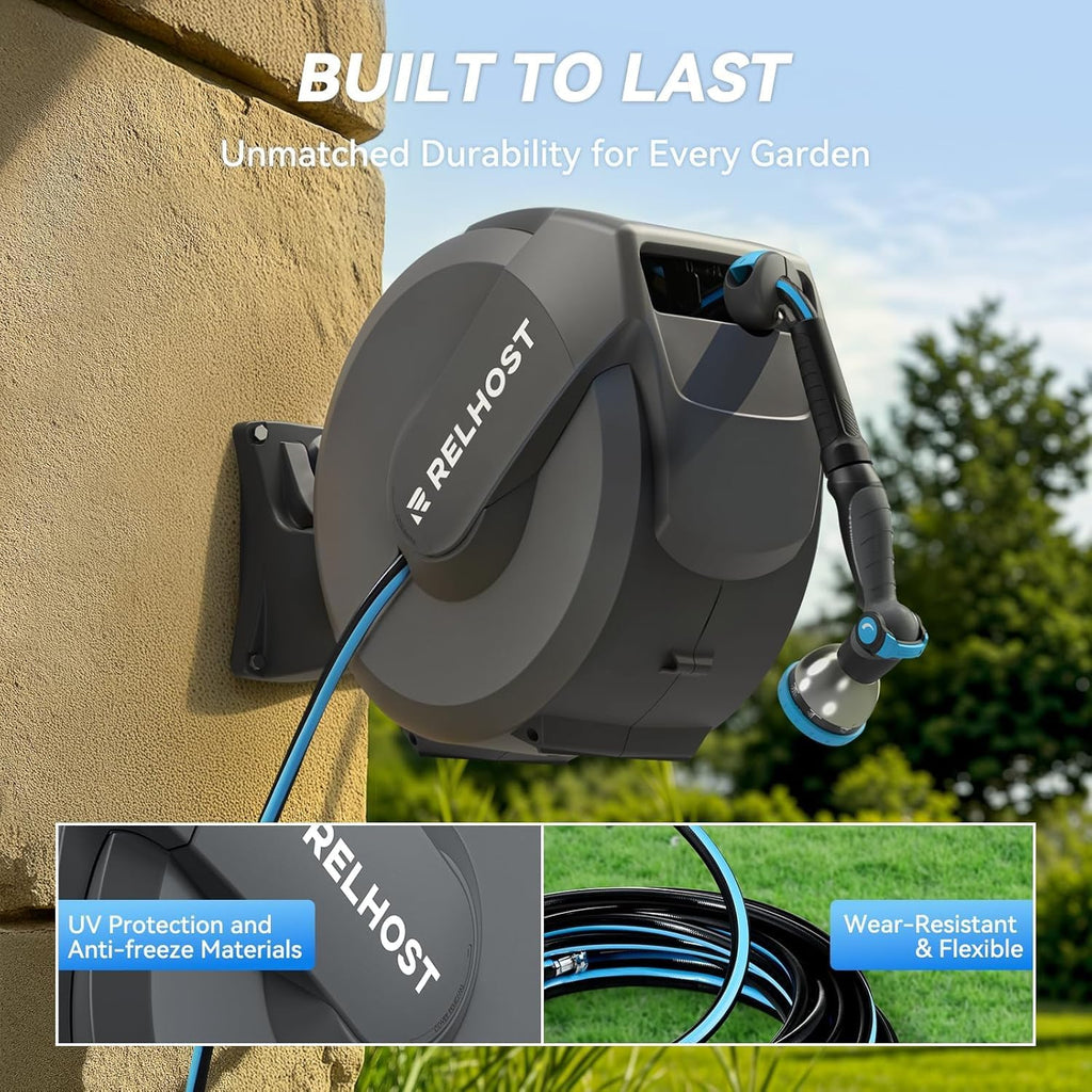 Retractable Garden Hose Reel, 1/2 in x 100 ft Wall Mount Heavy Duty Hose Reel with Any-Length Lock, Auto Rewind