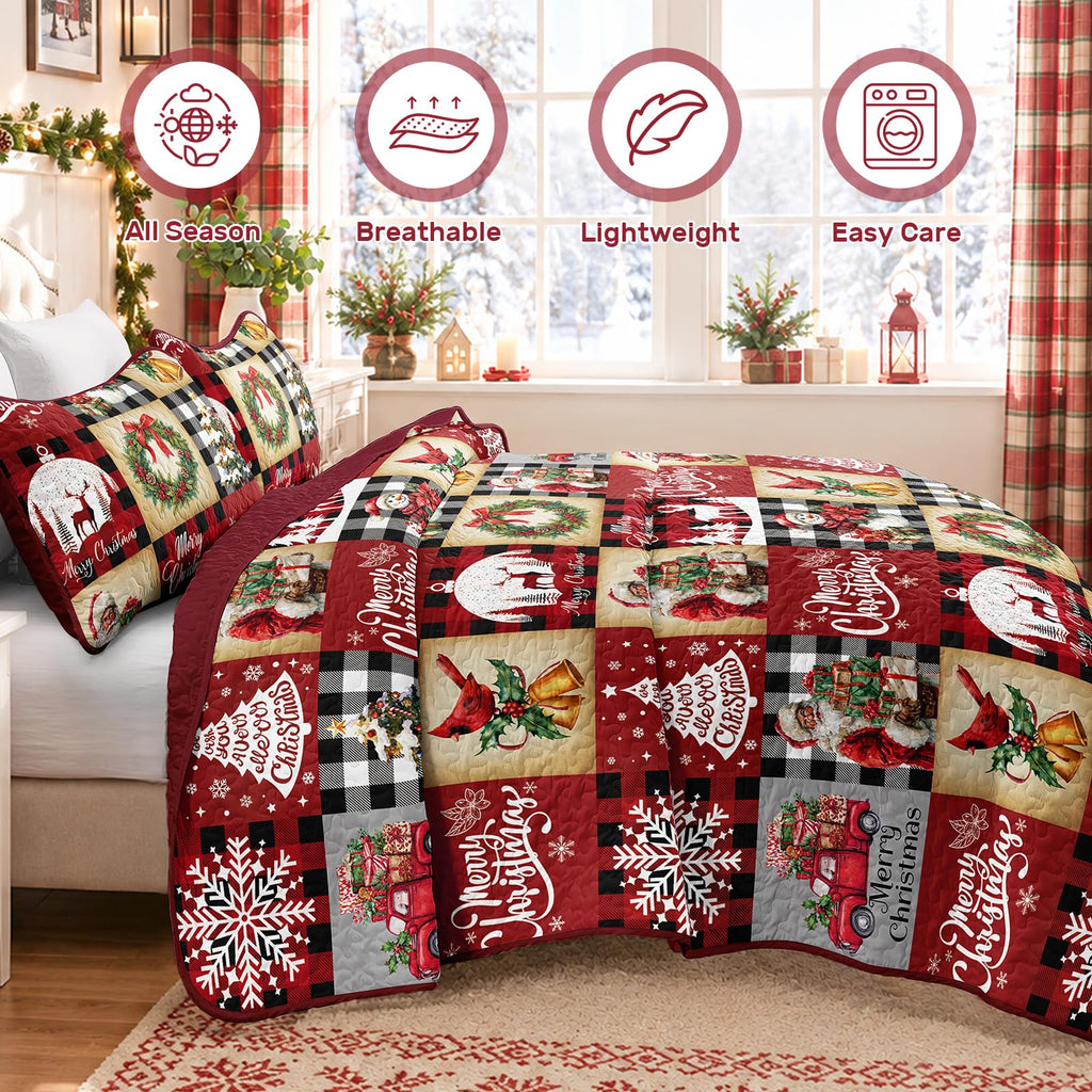 Christmas Quilt Set Queen Size Red Cardinal Wreath Patchwork Xmas Bedspread