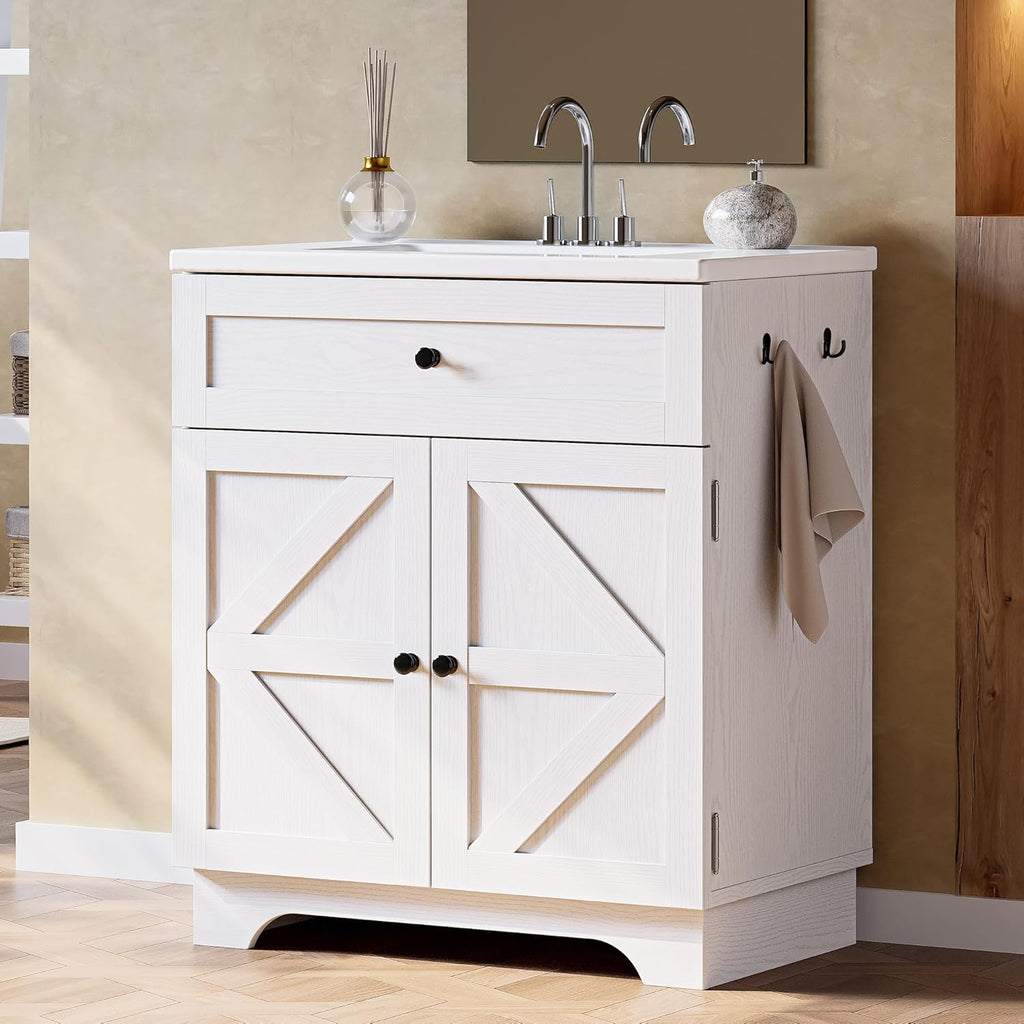 30 Inch Bathroom Vanity with Integrated Ceramic Sink, Farmhouse Single Sink Bathroom Vanity, Tip-Out Drawer & Adjustable Shelf (White) A133-B0FFSPSD1S