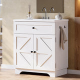 30 Inch Bathroom Vanity with Integrated Ceramic Sink, Farmhouse Single Sink Bathroom Vanity, Tip-Out Drawer & Adjustable Shelf (White) A133-B0FFSPSD1S