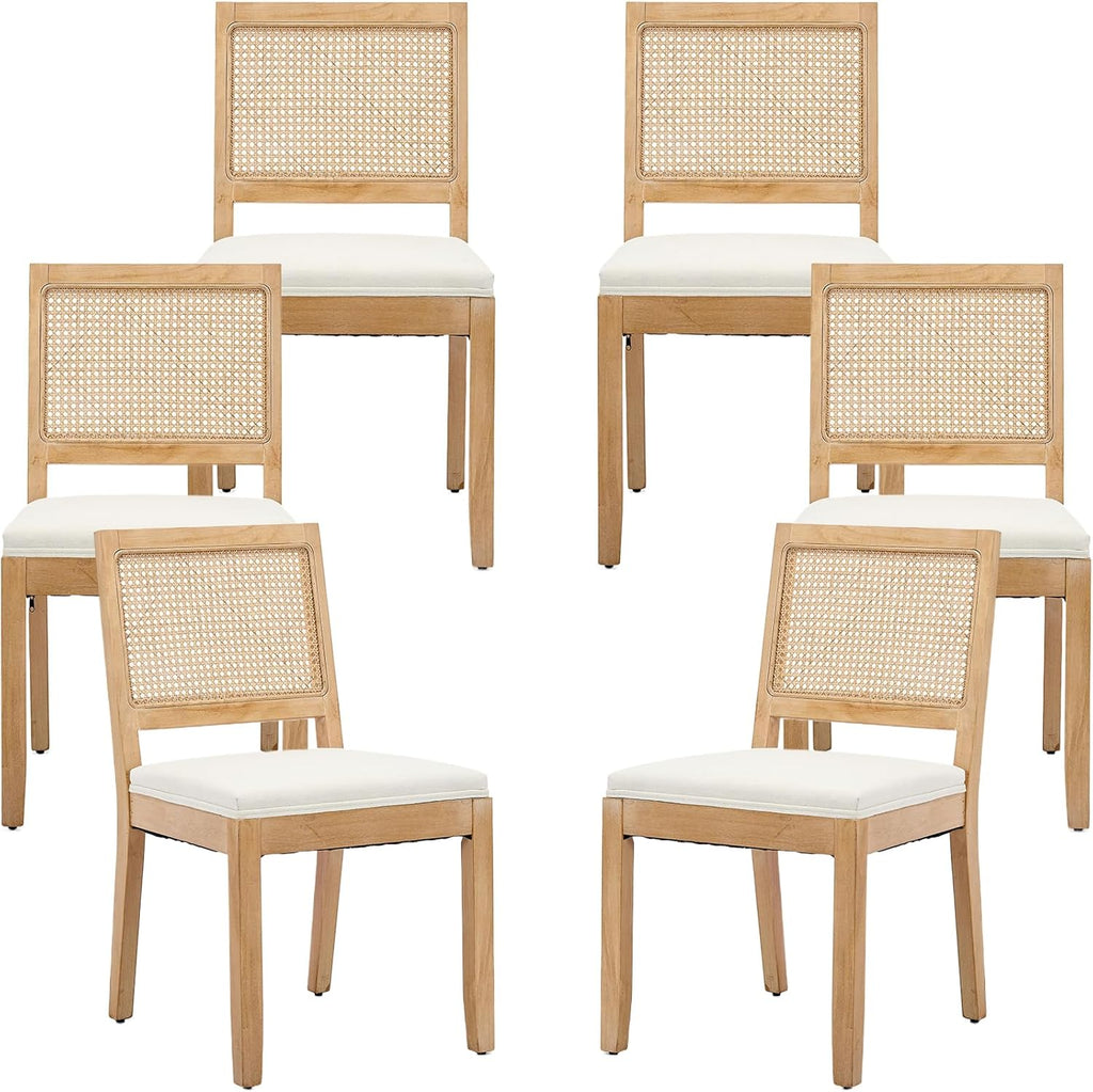 Vintage French Country Dining Chairs Set of 6, Rattan Dining Chairs with Low Square Back and Upholstered Seat for Kitchen or Dining Room, Beige