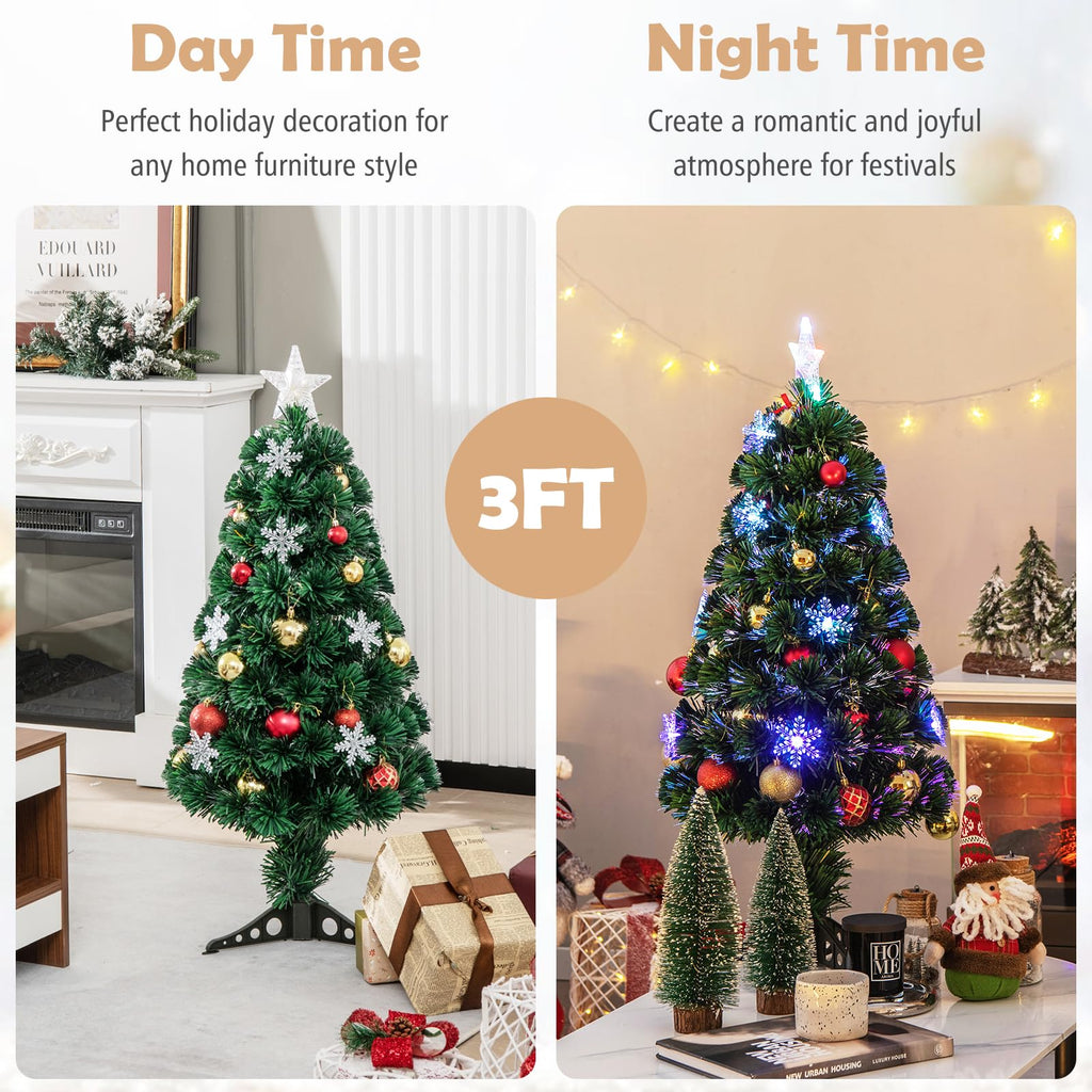 3ft Pre-Lit Fiber Optic Christmas Tree for Tabletop, Small Mini Artificial Xmas Full Tree with Colorful Snowflake LED