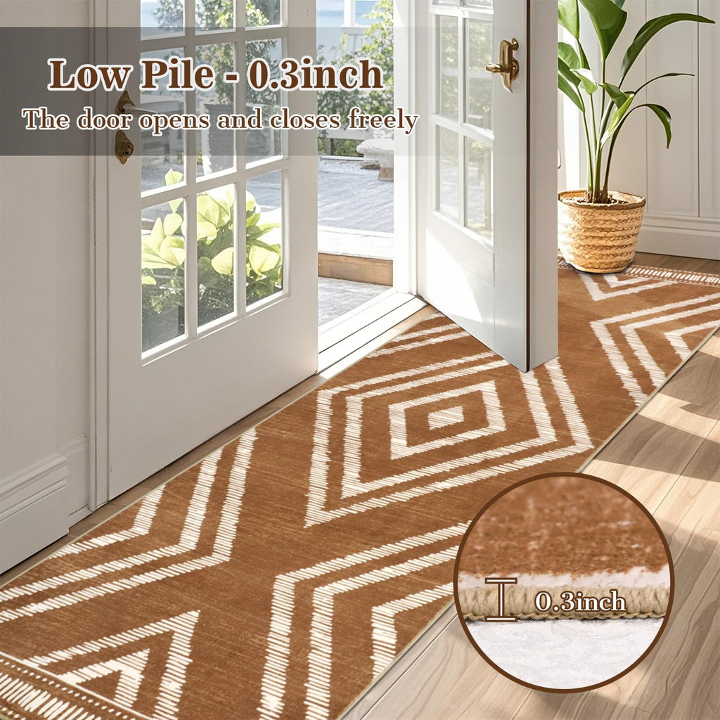Boho Runner Rugs Non Slip, Brown Washable Kitchen Rug with Rubber Backing, Soft Moroccan Farmhouse Entryway