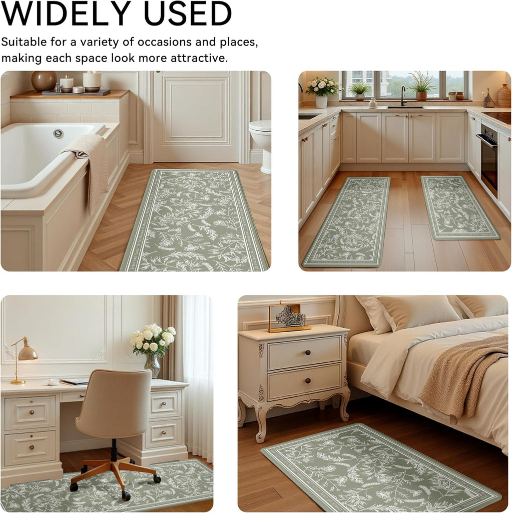 Scalloped Sage Green Minimalist Line Herb Leaves Kitchen Rug Sets [2 PCs], Anti-Fatigue, Waterproof Non-Slip Kitchen