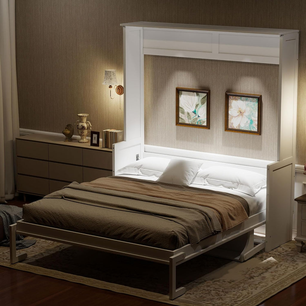 Queen Murphy Bed with Desk, Foldable Wall Bed Cabinet with LED Lights and USB Ports, Space-Saving Murphy Bed Frame