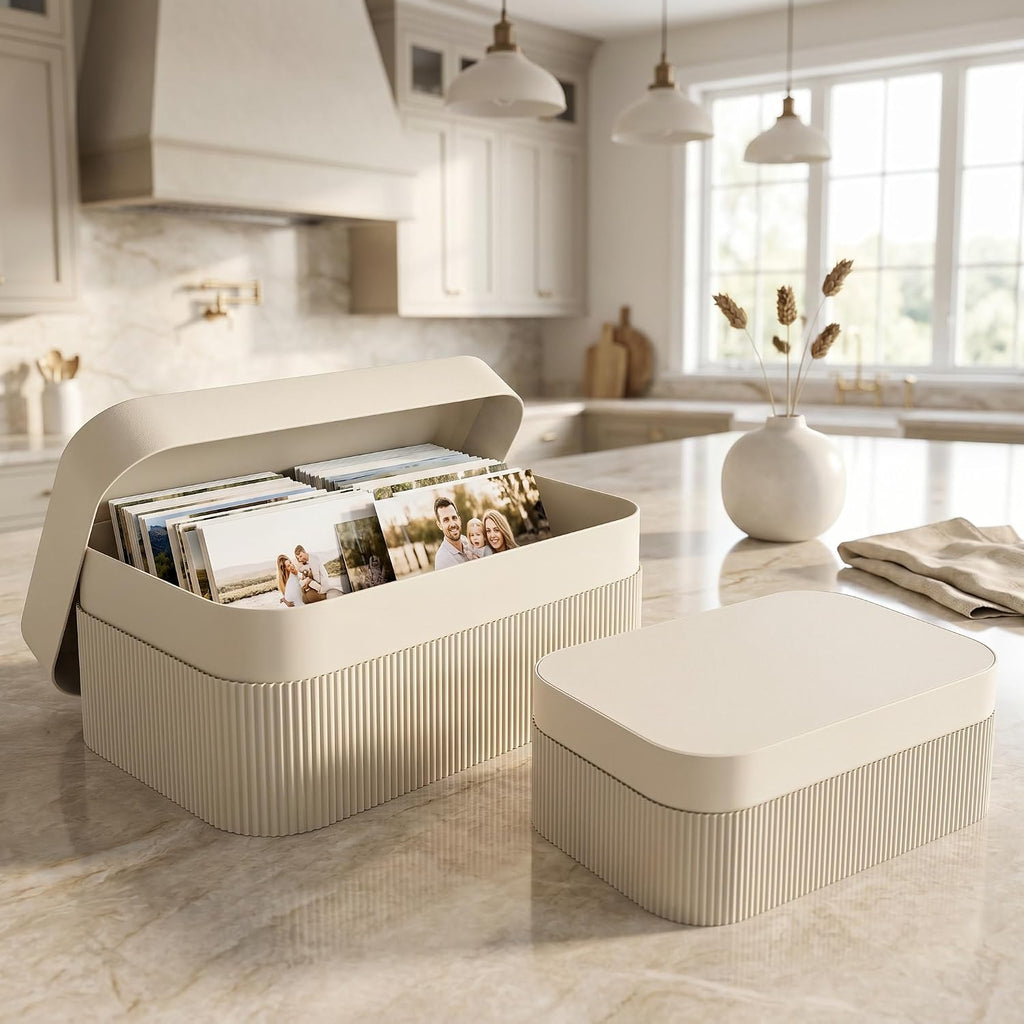Decorative Storage Boxes with Lids Fluted Photo Organizer Bins - Set of 2
