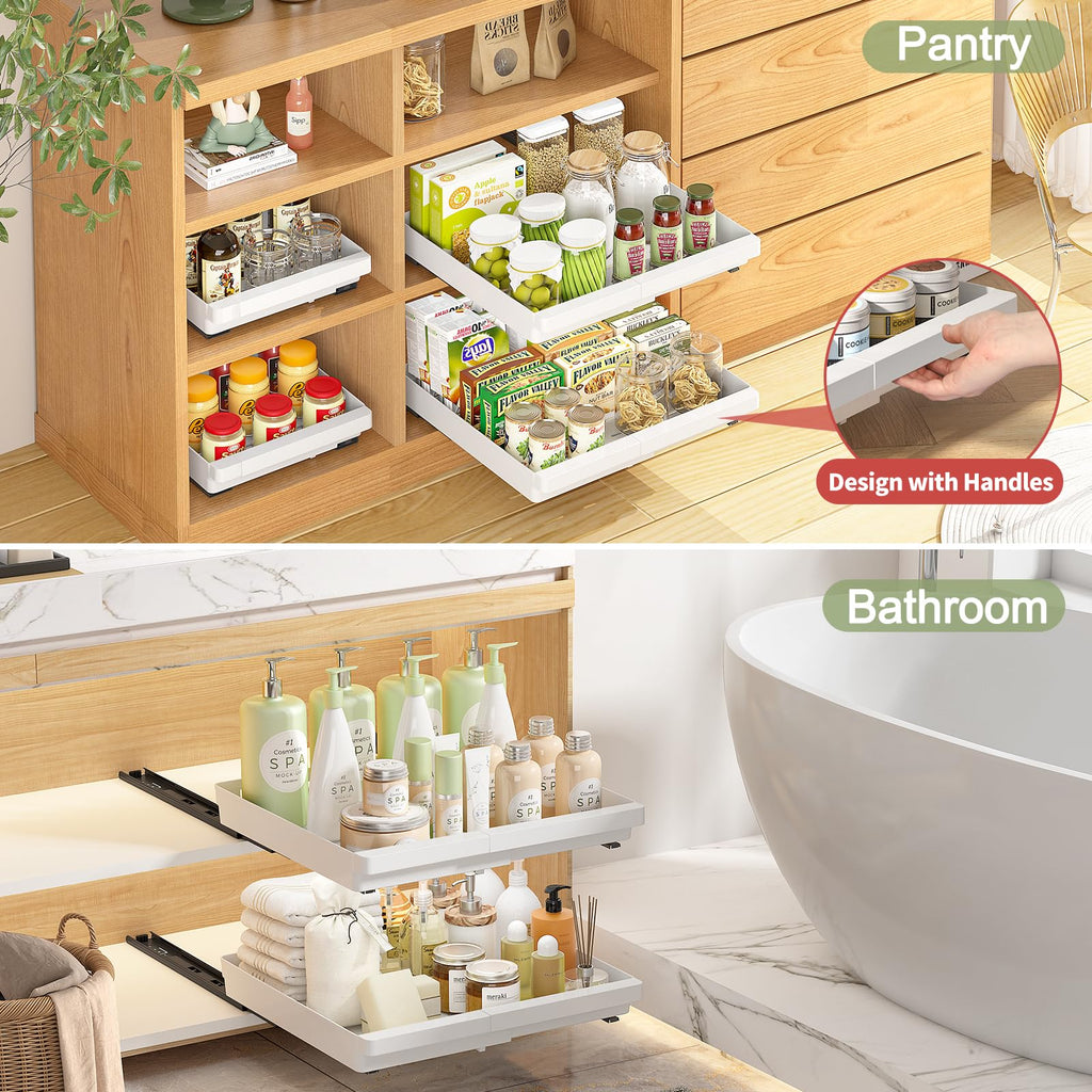 Pull Out Cabinet Organizers Expandable, White, 20.8"Depth, 2 Pack