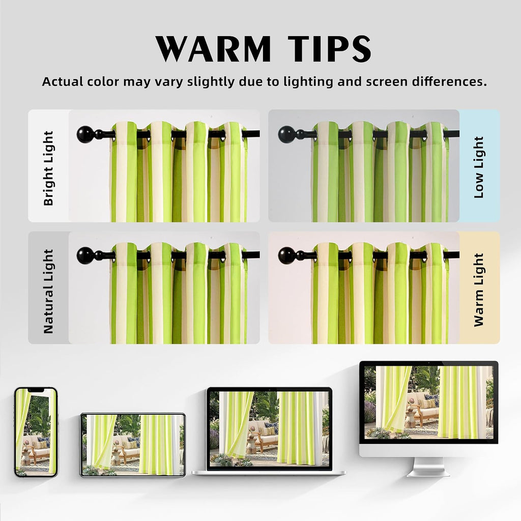 4 Panels Outdoor Stripe Curtains , Waterproof Light Filtering Indoor Outdoor Curtain Panels with Grommets for Porch