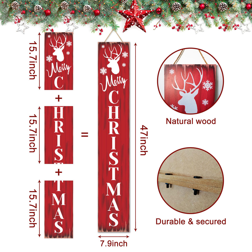 Merry Christmas Welcome Sign for Front Porch Standing, Snowflake Elk Wooden Porch Sign for Xmas Front Door