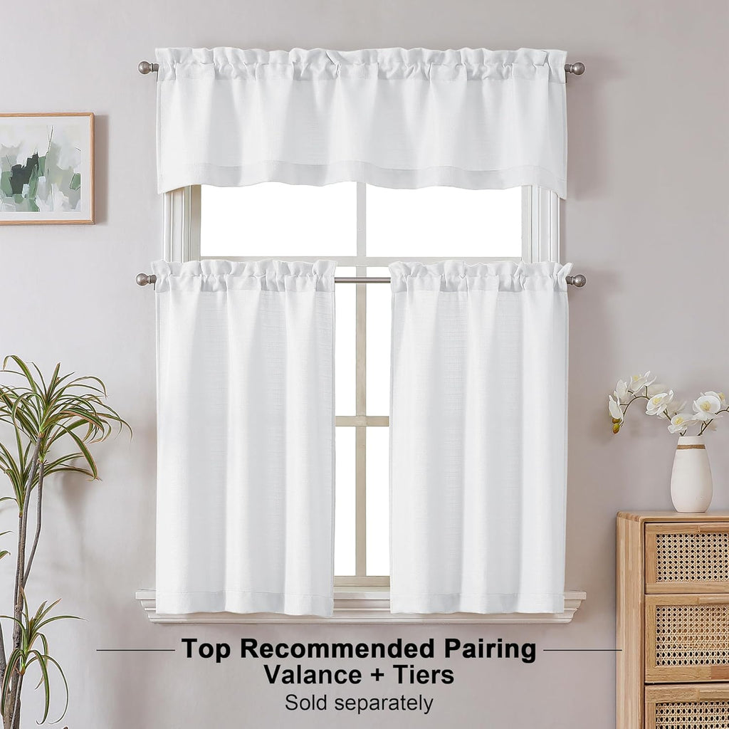 2 Panels White Kitchen Curtains 36 Inch Length Tier Curtain, Faux Linen Textured Small Cafe Curtain, Light Filtering