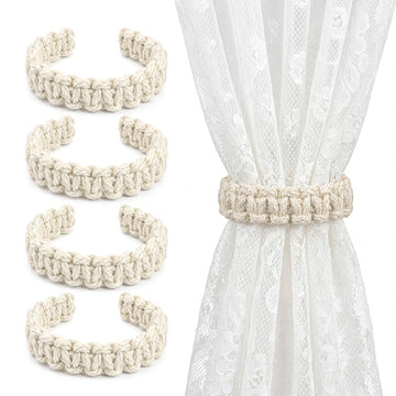 Boho Curtain Tiebacks, Braided Curtain Holdbacks, Beige, 4 Pcs