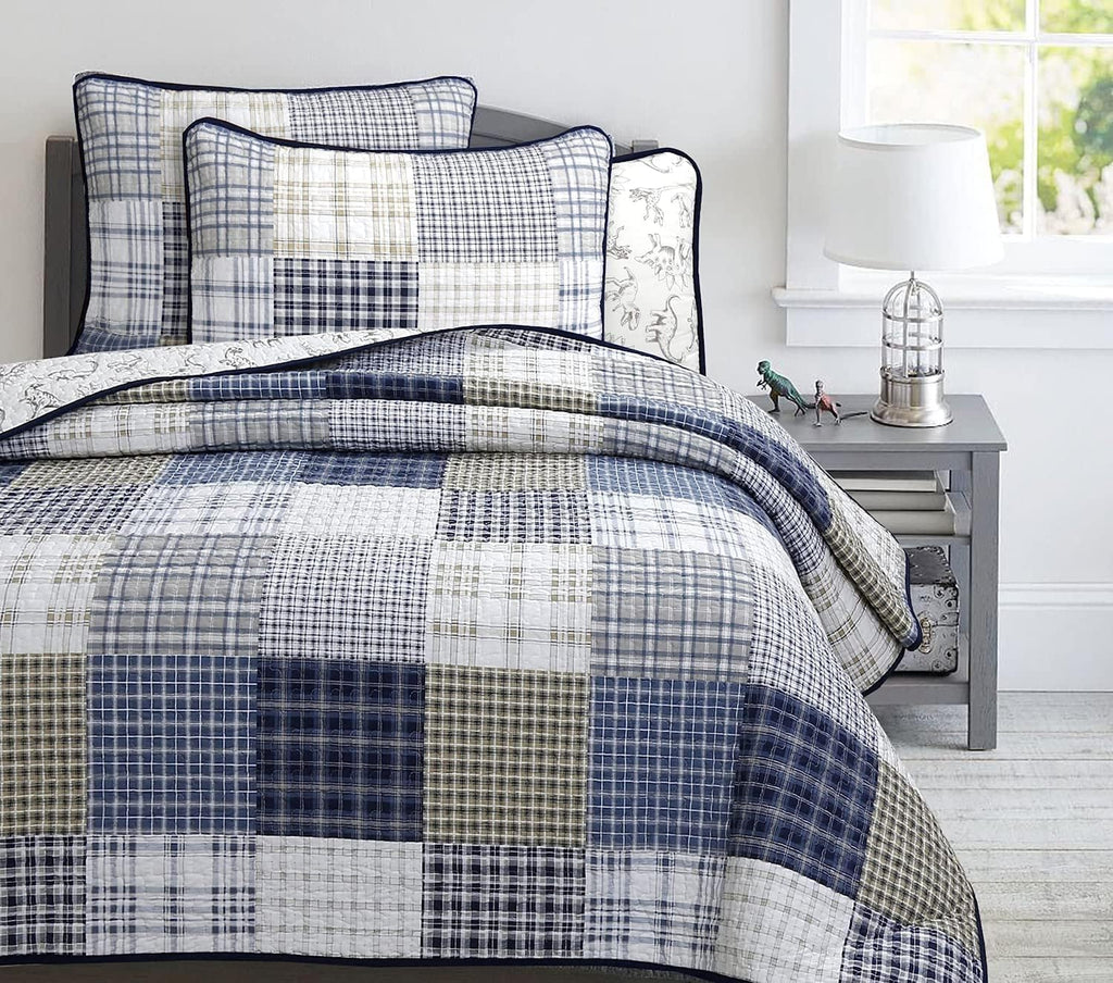 Benjamin Cute Dinosaur Plaid Navy Blue White Grey Bedding Quilt Set 100% Cotton Reversible Coverlet Bedspread Set for