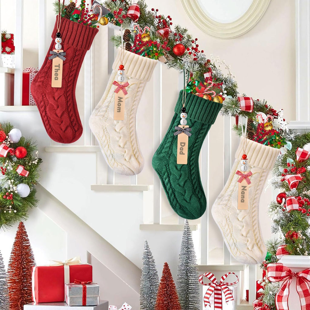 S, Personalized Stocking Set with DIY Snowman Tags, Stockings Christmas 4 Pack , 18" Large Cable Knit Xmas - Set of 4