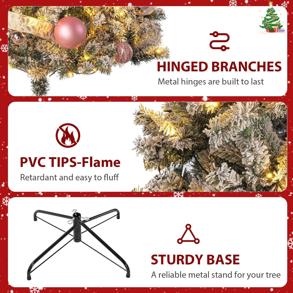 7FT Pre-Lit Artificial Christmas Tree, Hinged Snow Flocked Xmas Tree with 1200 Realistic Branch Tips, Premium Metal
