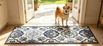 Vintage Moroccan Trellis Runner Rug, Non-Slip Low Pile Blue and White Boho Medallion Hallway Carpet, Machine