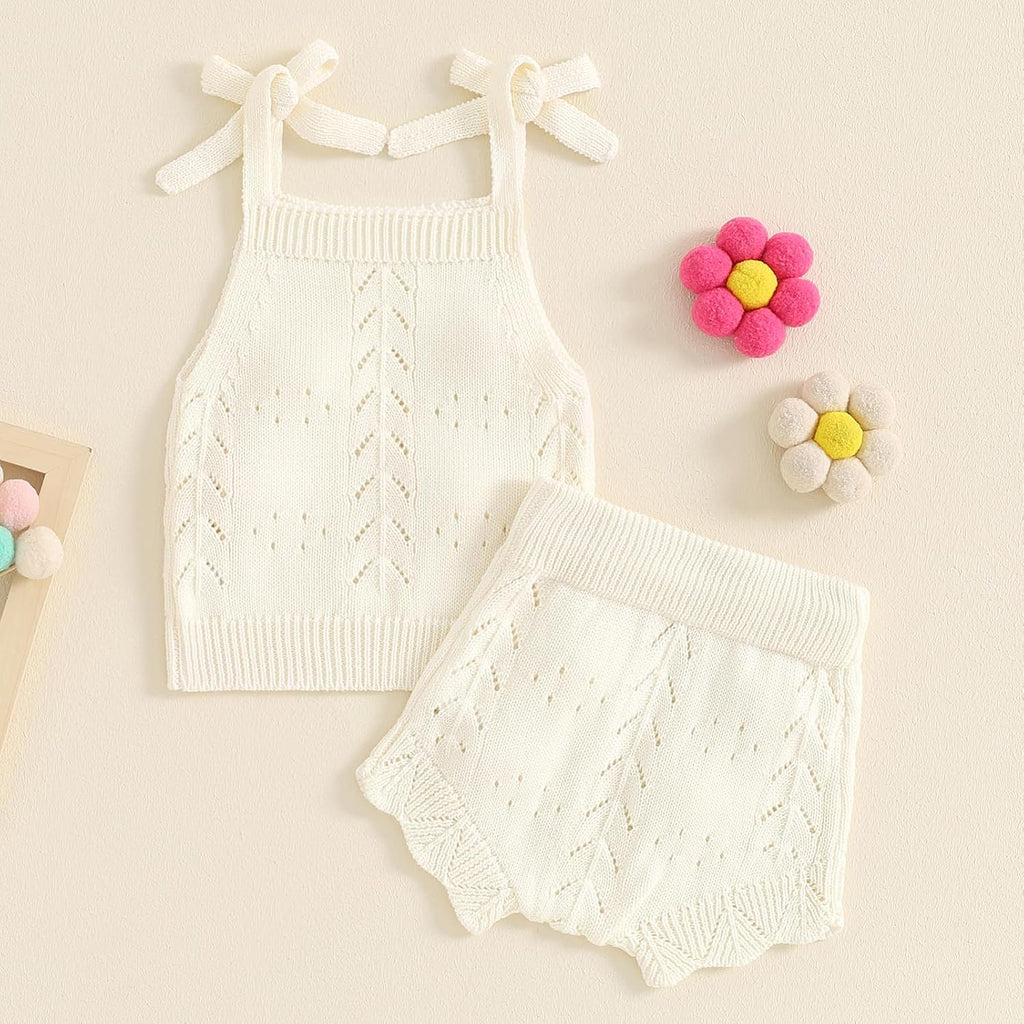 Toddler Baby Girl Clothes Summer Outfit Sleeveless Flower Embroidery Strap Knit Sweater Tank Top Shorts Set