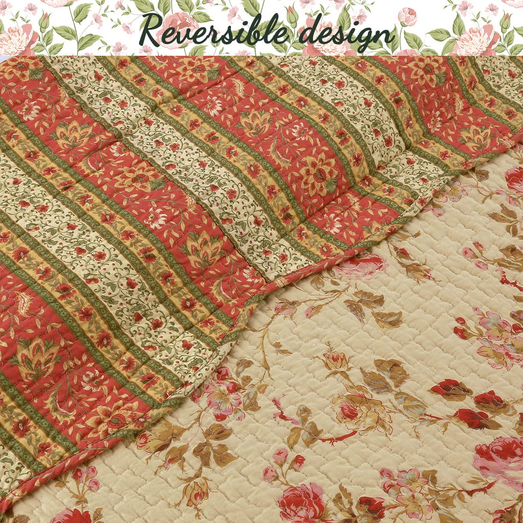 Rose Garden Vintage Floral Pink Khaki 100% Cotton Reversible Quilt Bedding Set, Coverlet Bedspread (Vintage Rose