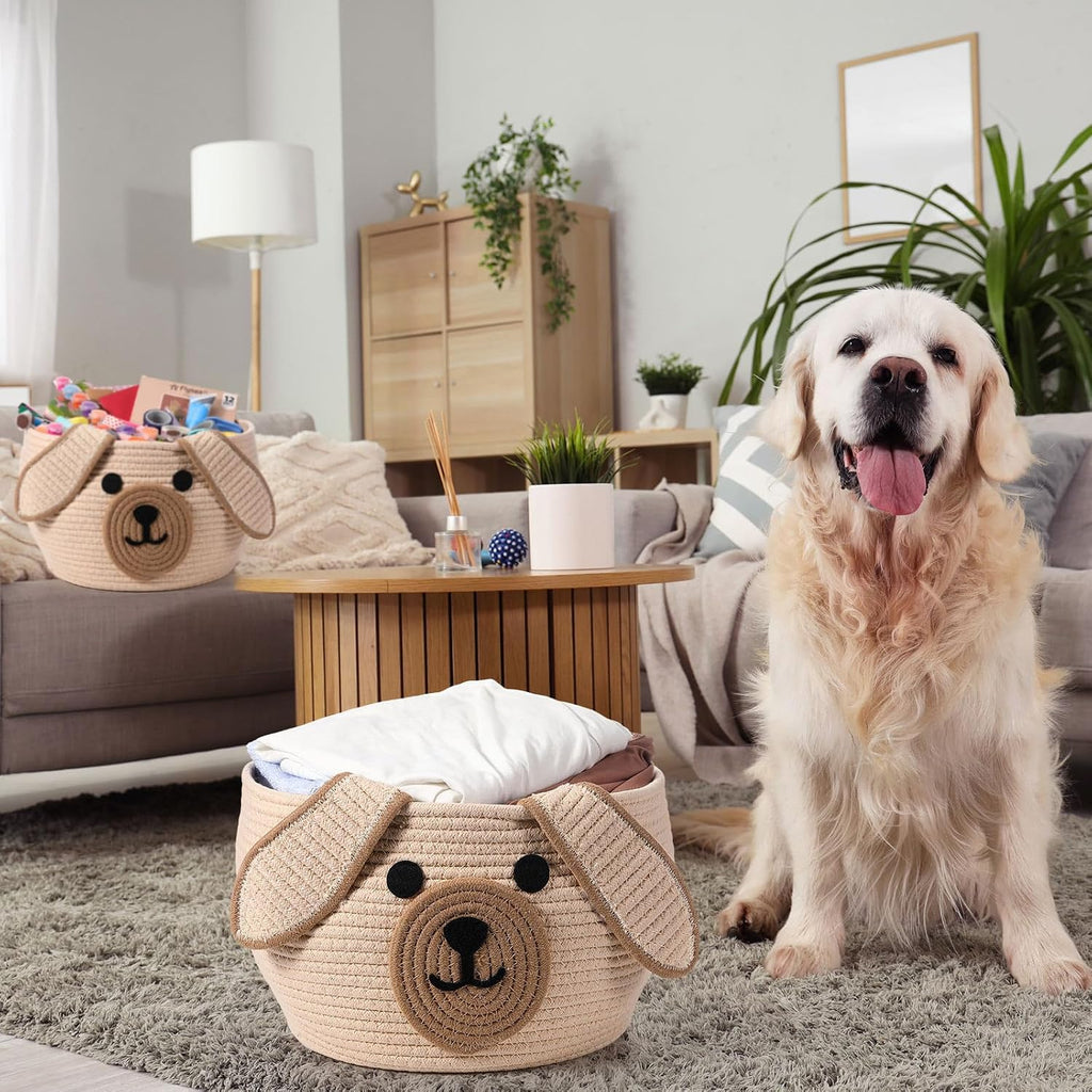 Woven Dog Basket with Handles for Toy Storage, Khaki, 13 x 8 Inch