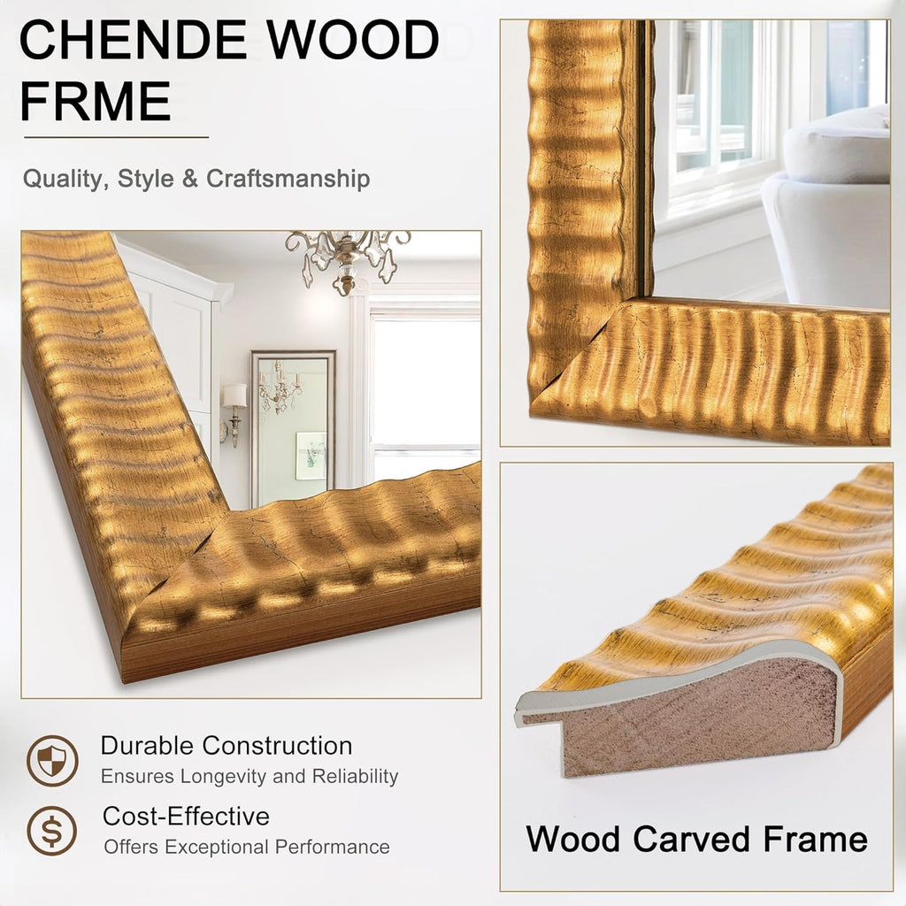 22" x 46" Decorative Wall Mirror Decor, Large Gold Mirror with 3D Wave Wood Carved Frame, Unique Rectangle Wall Decor