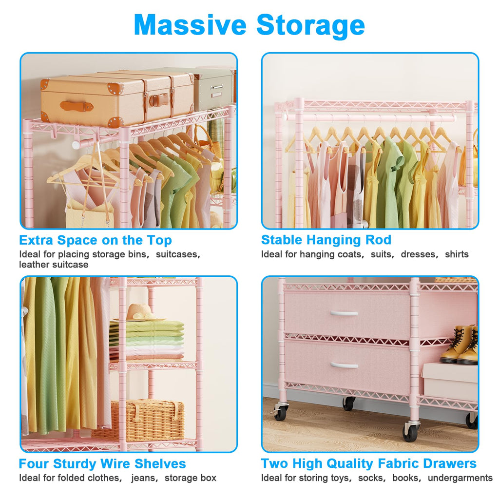 F3R Heavy Duty Clothes Rack(With Lockable Wheels)Freestanding Clothing Racks for Hanging Clothes, Adjustable Closet