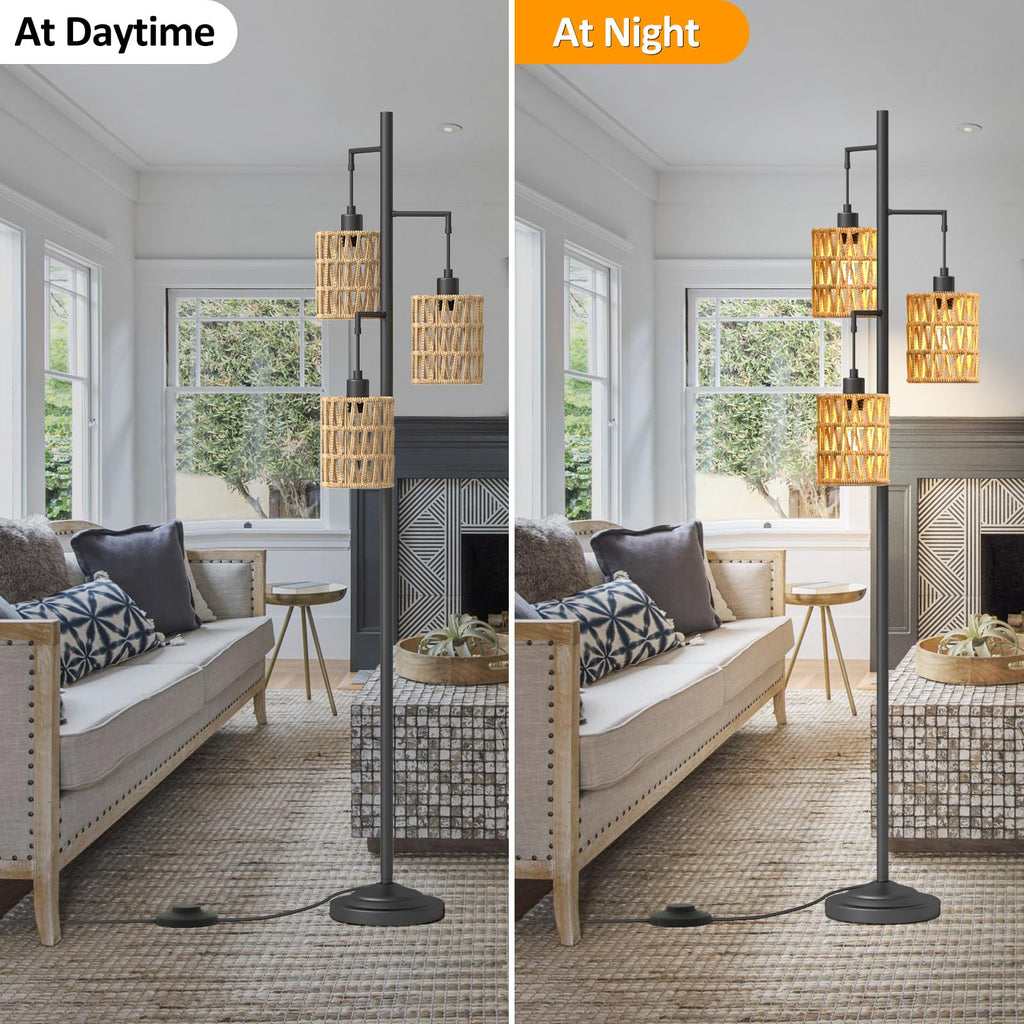 3 Lights Rattan Floor Lamps with ON/Off Foot Switch Tree Standing Lamp with Wood Rattan Lampshades Boho Floor Lamp