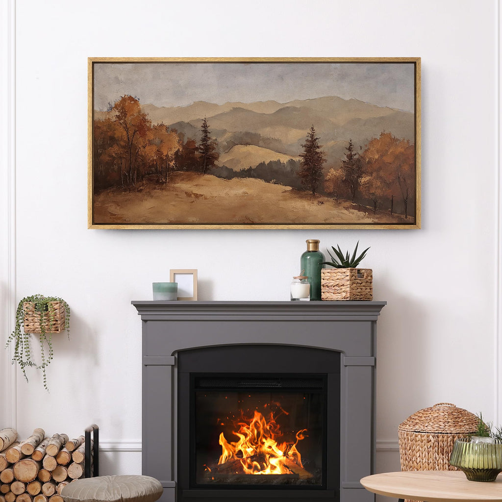 Extra Large Framed Canvas Print Wall Art Fall Mountain Landscape Warm Earth Tone Hillside Illustrations Modern Art