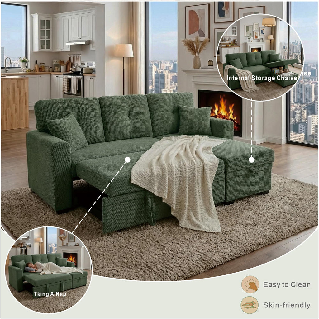 Tufted Sectional Sleeper Sofa Pull Out Couch Bed - Modern Upholstered L Shaped Convertible Sofa Bed with Chaise