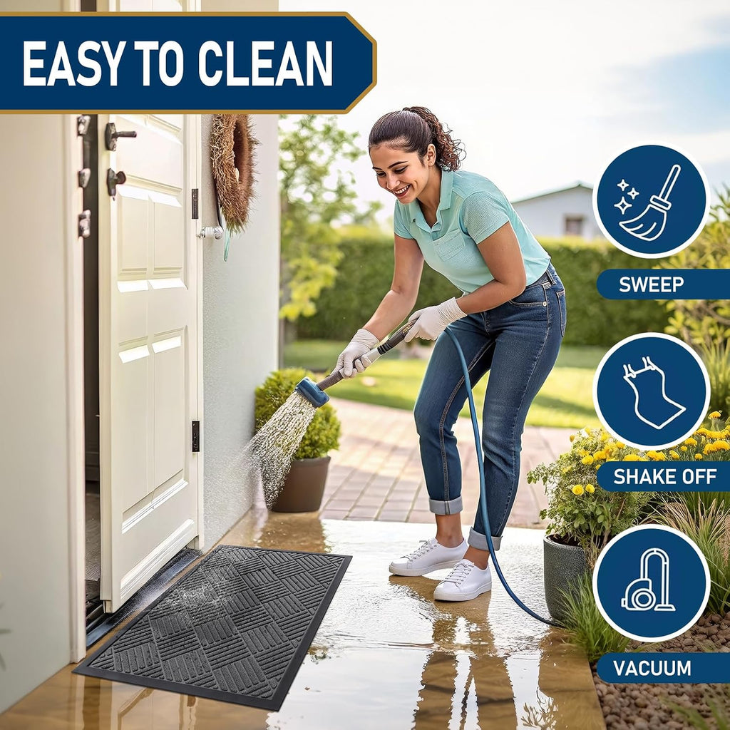 Front Door Mat Outside Entrance, Natural Rubber Doormat, 47x23 Inch | Grey, Non Slip, Trap Dirt and Moisture, Easy