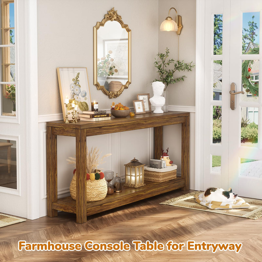 47" Farmhouse Wood Entryway Table Narrow Console Table with Storage Behind Couch Sofa Table with Shelves Entry Way