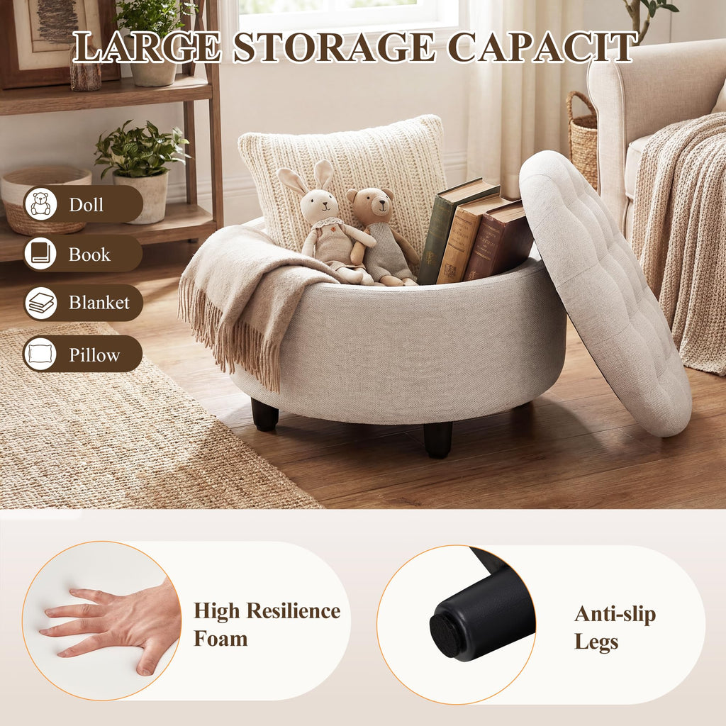 Round Hidden Storage Ottoman with Reversible Tray Lid - Multi-Functional Footrest, Sturdy & Stylish Fabric Coffee