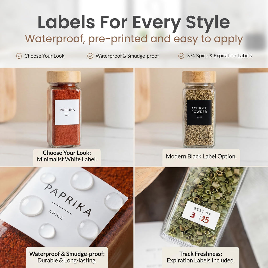 Glass Spice Jars with Label, 24PK Bamboo Jar Spices Set 4oz, 374 Spice Labels, Pepper Grinder, Empty Herb Seasoning