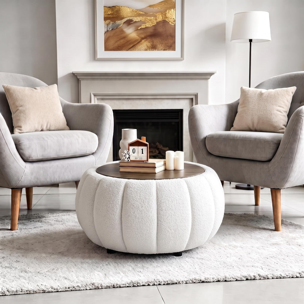 30 Inches Round Ottoman Coffee Table with Storage, Upholstered Ottoman in Boucle Teddy Fabric, Wooden Top As Tray