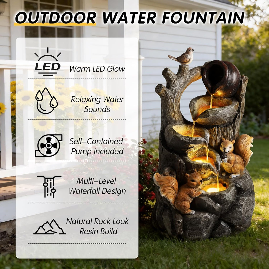 Outdoor Water Fountain with LED Lights, 30.1" Squirrel & Tree Stump Cascading Water Feature