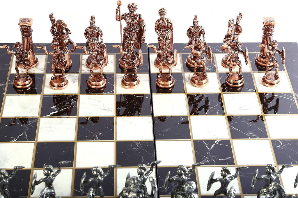 Historical Antique Copper Rome Figures Metal Chess Set for Adults, Handmade Pieces and Marble Design Wood Chess Board