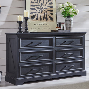52" Wide Farmhouse 6 Drawer Dresser, Black