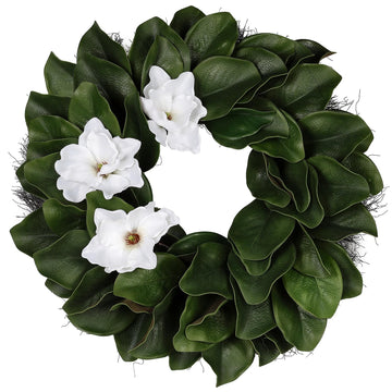 24 Inch Artificial Magnolia Wreaths, Green Leaf with Sash Ribbon