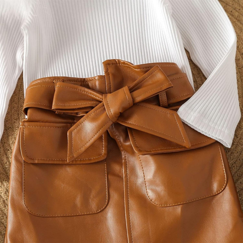 Kids Toddler Baby Girls Spring Summer Solid Cotton Ribbed Long Sleeve Tops Leather Skirt Outfits Neutral Baby