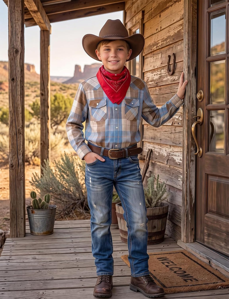 Boys Western Pearl Snap Flannel Plaid Button Down Shirts