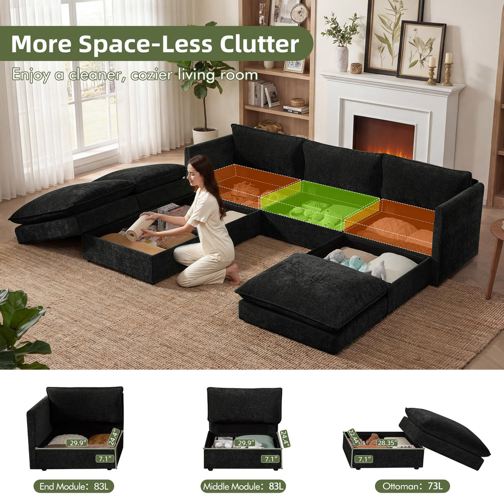 Modular Sectional Sofa Bed with Storage Ottomans, 103" Cloud Couch, 6-Seater Comfy Modern Couches with Pillows &