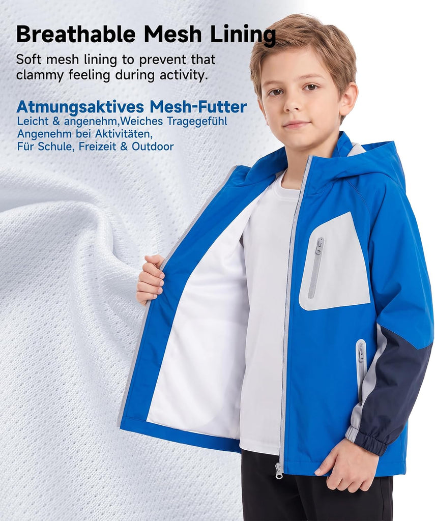 Boys Rain Jacket Waterproof Windbreaker with Hood Mesh Lined