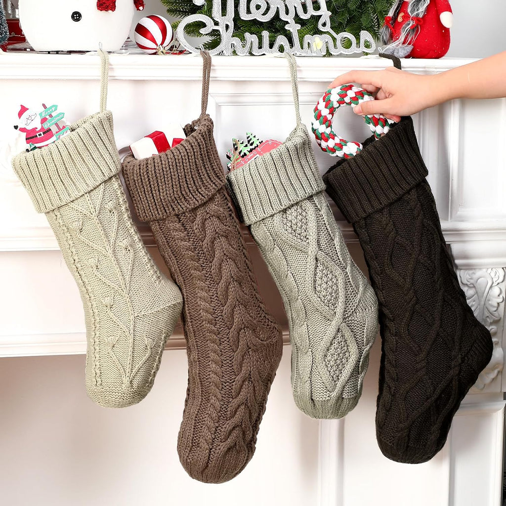 Neutral Christmas Stockings Bulk 18 inch Dark Brown Farmhouse Rustic Boho Xmas Cable Knit Fireplace Stockings - Set of 8