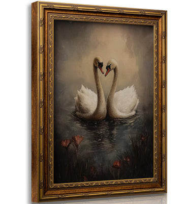 Vintage Gold Framed Wall Art Vintage Swan Canvas Wall Decor Retro Moody Swan Oil Painting Prints Farmhouse Antique