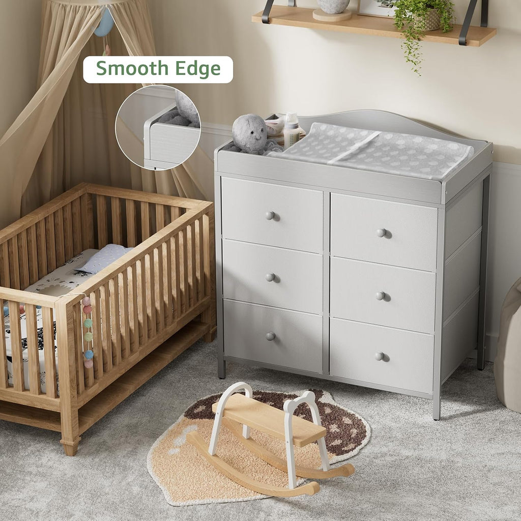 Changing Table Dresser with 6 Fabric Drawers, Baby Dresser with Changing Table Top Diaper Changing Station with