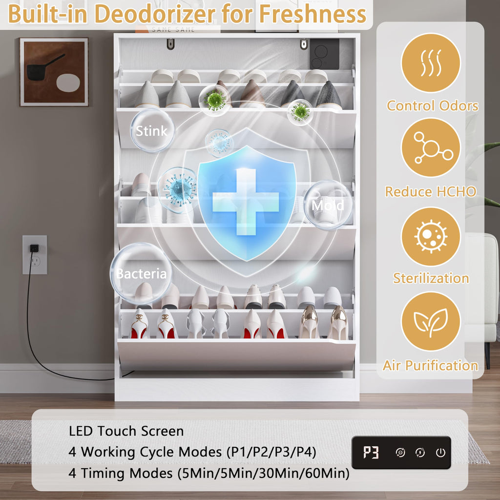 Shoe Cabinet with Odor Control and Back Panels, Deodorizing Slim 3-Flip Shoe Storage Cabinet, Freestanding Hidden