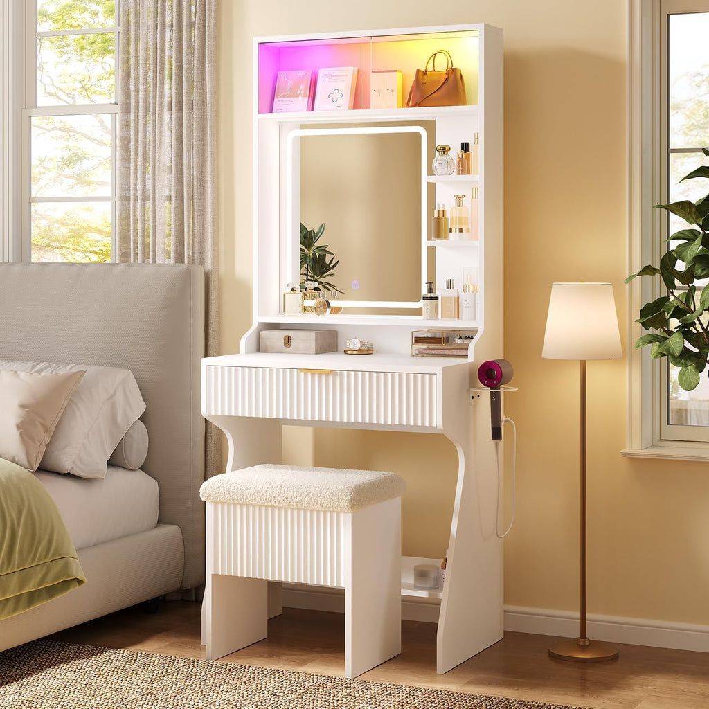 Small Vanity, Fluted Desk with Mirror and Lights, Stool, Charging Station | Sound sync RGB lights, LED glass cabinet