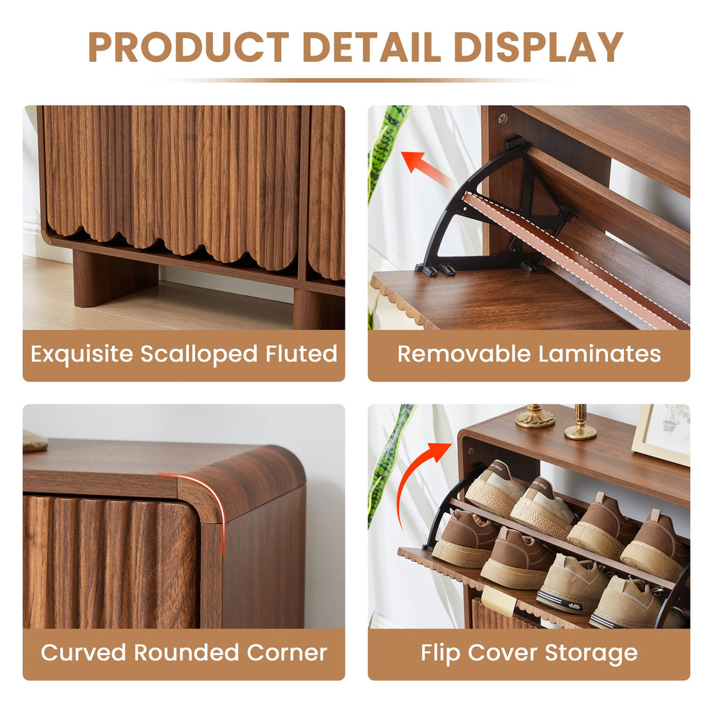 Fluted Narrow Shoe Storage Cabinet with 4 Flip Drawers, Walnut