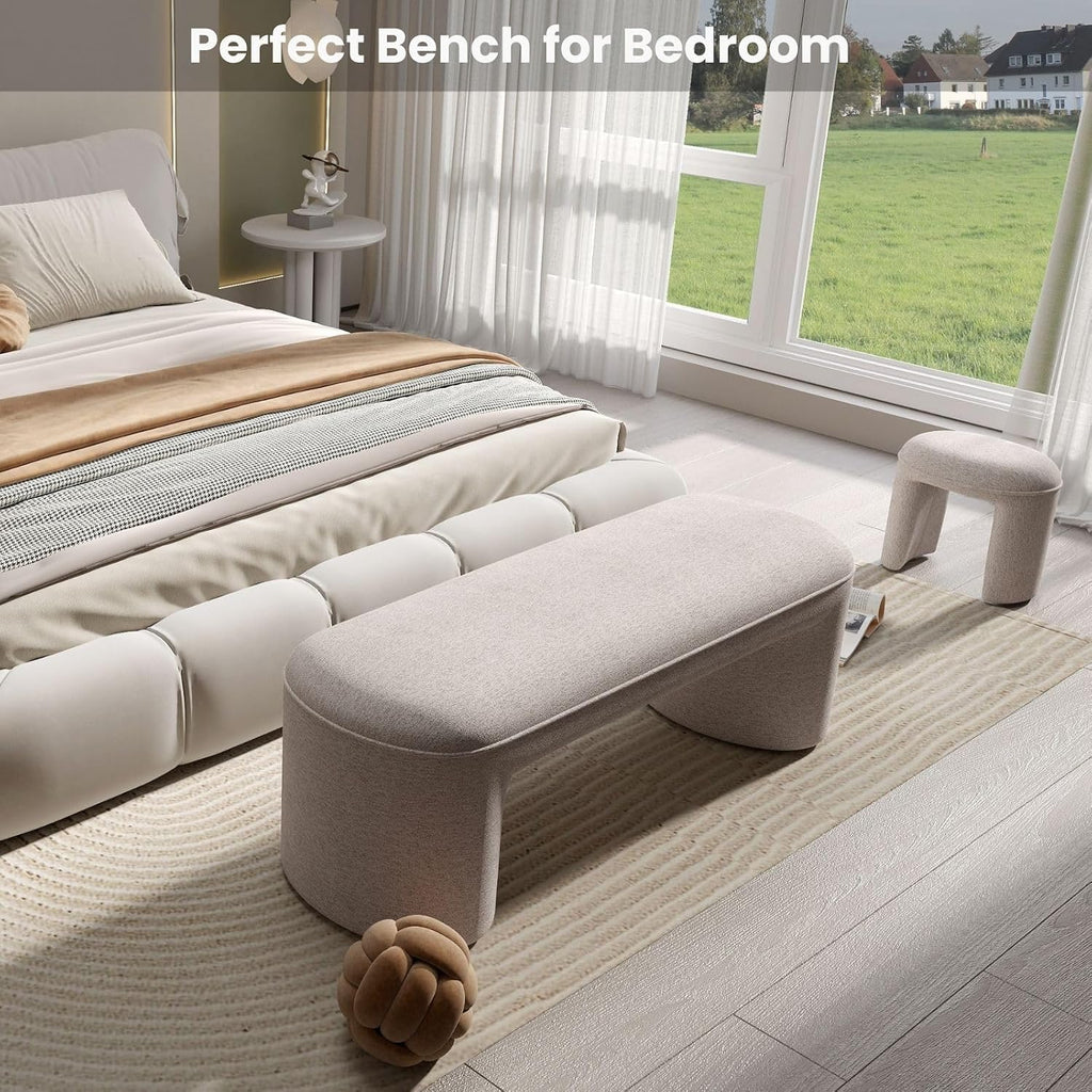53" Upholstered End of Bed Bench with 2 Nesting Ottoman Stools, Modern Chenille Bedroom Bench for King/Queen Bed