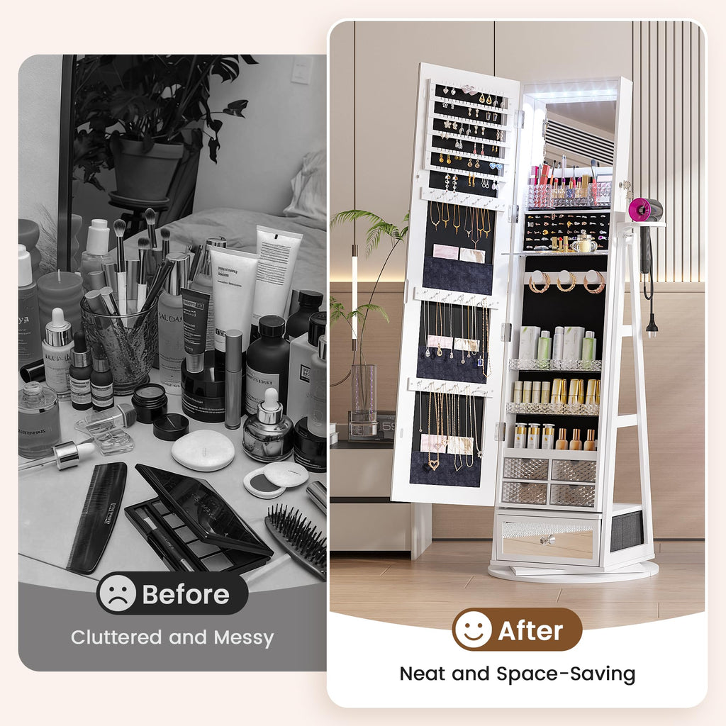 Jewelry Cabinet with LED Mirror, 360° Swivel & Remote Control, White