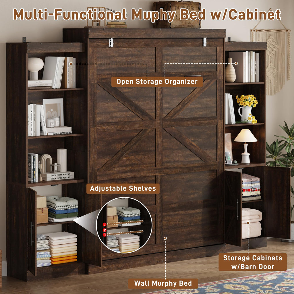 Queen Size Murphy Bed w/2 Storage Cabinet&2 LED Light, Farmhouse Wood Hidden Foldable Wall Bed Frame, Storage Bed