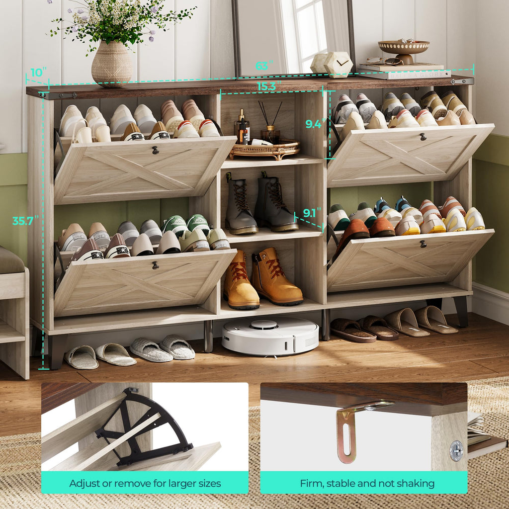 63" Farmhouse Shoe Storage Cabinet Washed White